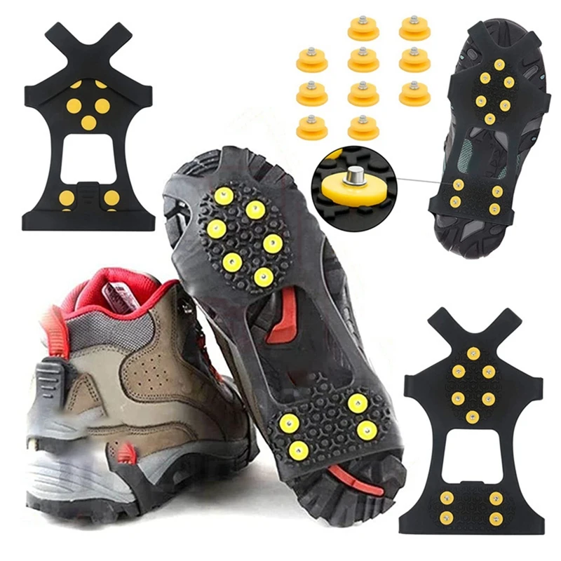 10-STUD Anti Slip Winter Ice Grippers Universal Slip-On Stretch Fit Snow & Ice Spikes Traction Cleats Crampons(2Pcs)