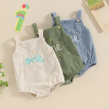Baby ersten Geburtstag Stram pler, ärmellose Knopf verschluss Buchstaben Bodysuit lässige Overalls für Mädchen Jungen