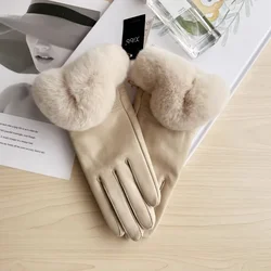 Leather gloves women's winter velvet thickened warm elegant Rex rabbit hair buckle cotton sheepskin leather gloves windproof