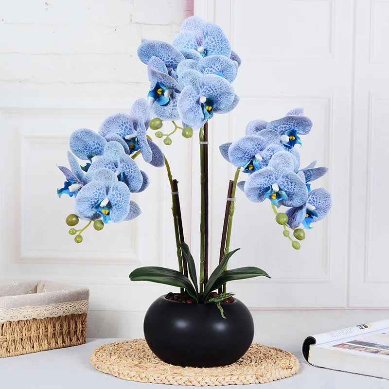 Blue Phalaenopsis Bonsai Fake Flower Artificial Flower Potted Living Room Table Floral Ornaments Real Hand Orchid Simulation Pla