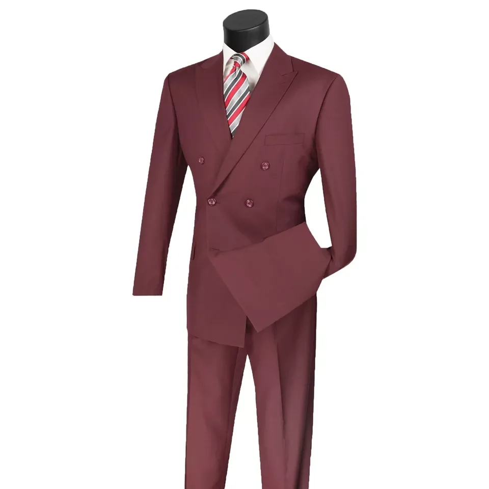 

Burgundy Business Men Suits Double Breasted Blazer Jacket with Trousers Solid Color Coat 2 Piece Customize