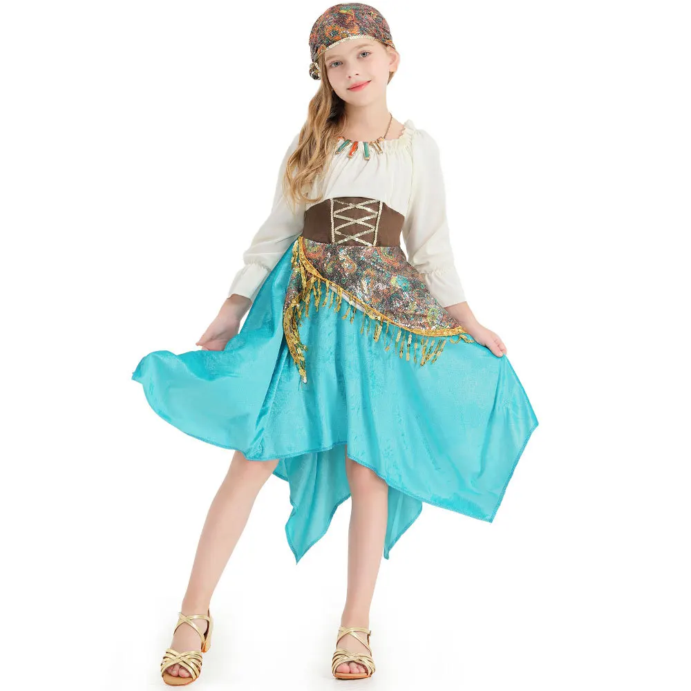 

Girl Sky Blue Irregular Skirt Heavy Sequins Strappy Dance Dress Flamenco Performance Costume Dress + Headdress for Girls