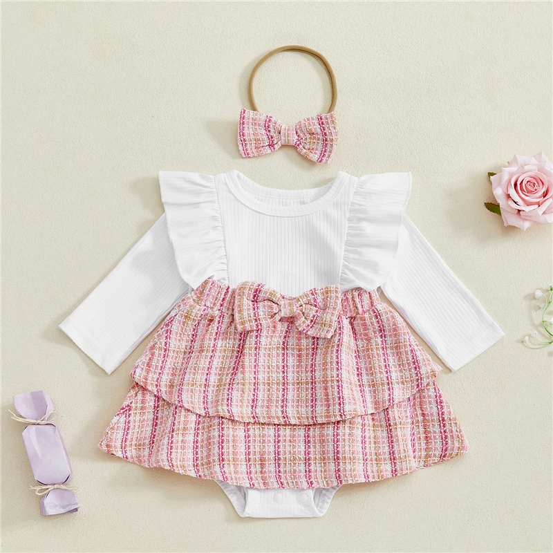 Newborn Baby Girl Fall Outfits Decorative Bow Ruffled Trim Plaid Layered Long Sleeve Romper Dress and Bow Headband 3Pcs Set