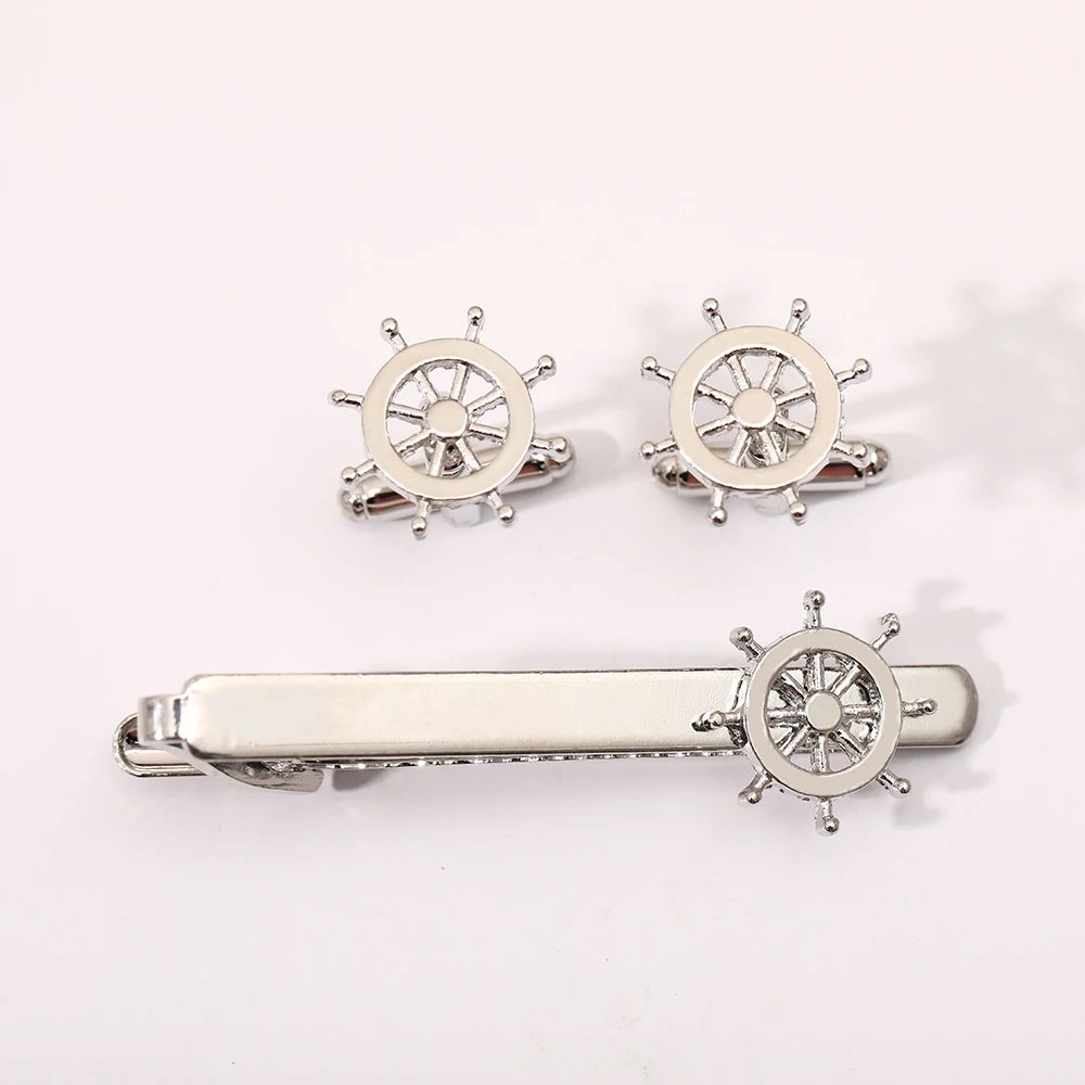 Funny Rudder Shaped Cufflinks&Tie Clip Set Classic Ship Steering Wheel Design Jewelry Freeshipping