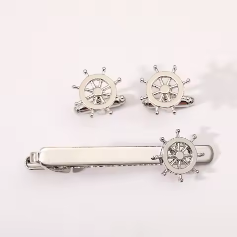 Funny Rudder Shaped Cufflinks&amp;Tie Clip Set Classic Ship Steering Wheel Design Jewelry Freeshipping