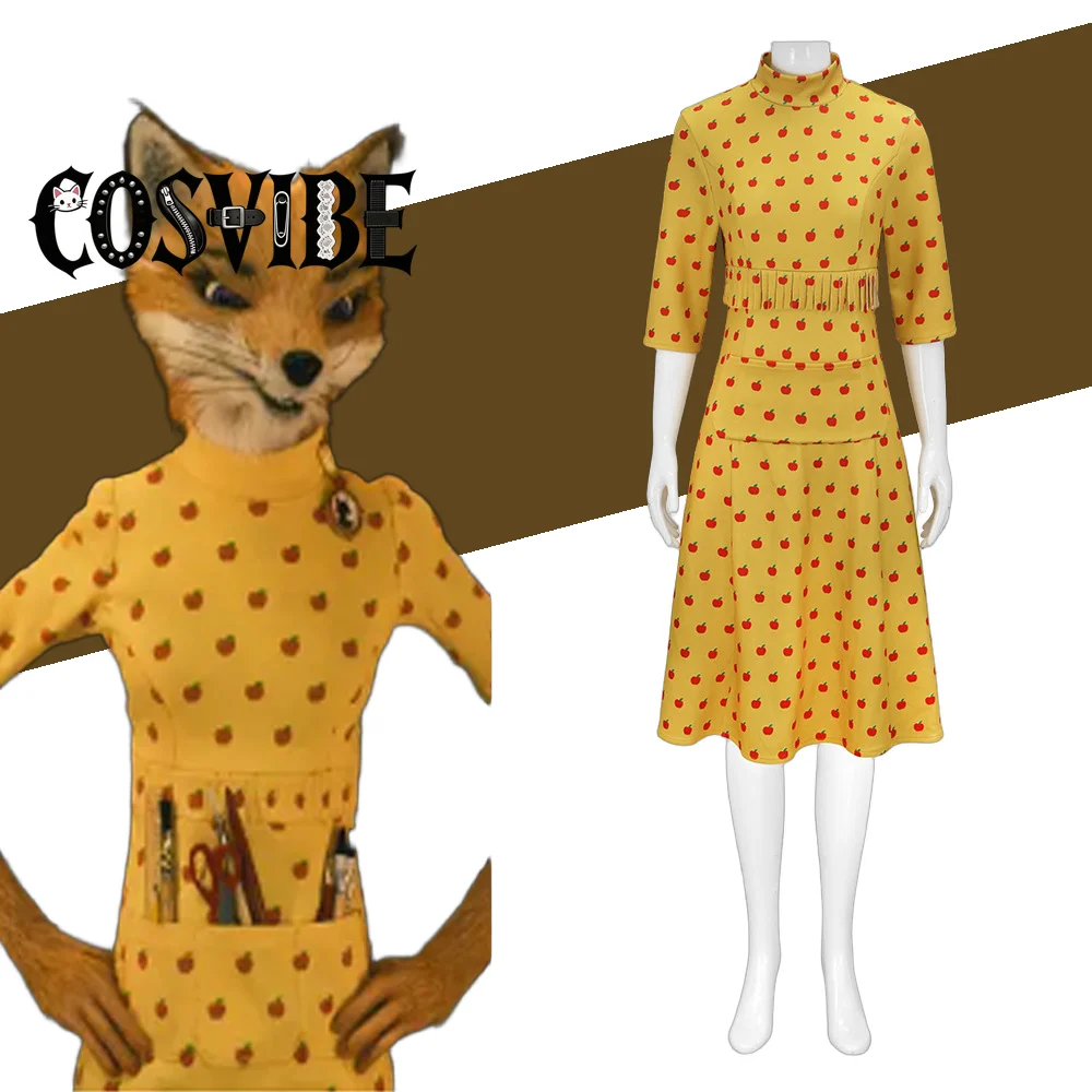 

Fantastic Mr Fox Mrs Fox Cosplay - Women Yellow Printed Dress Halloween Carnival Party Outfit