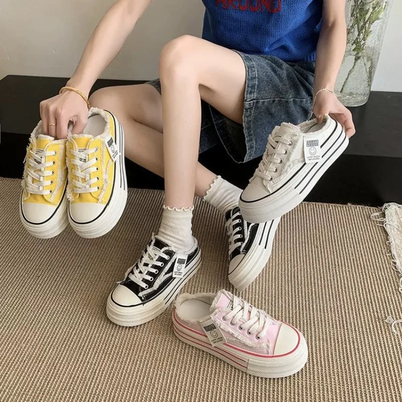 summer New Round Head Canvas Shoes for woman Lazy Thick Sole Half Drag Women's Slippers Women's Baotou Slippers Zapatos Mujer