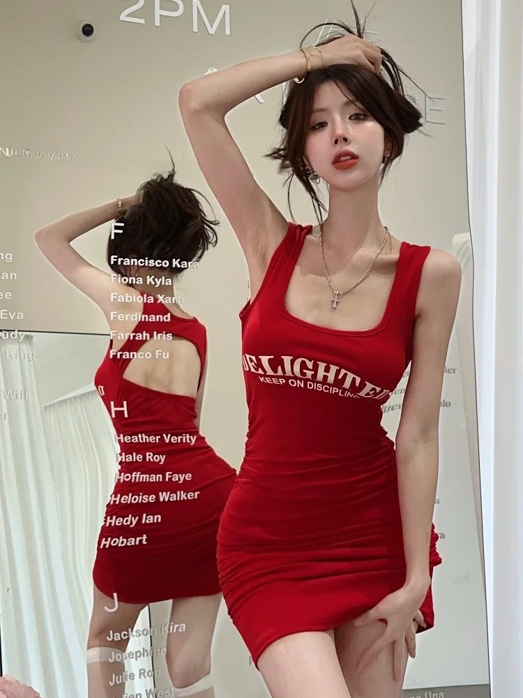 

Summer New American Retro Strap Dress Sexy Red Hot Girl Strap Short Skirt Fashionable Commute Style for Pear Shaped Women