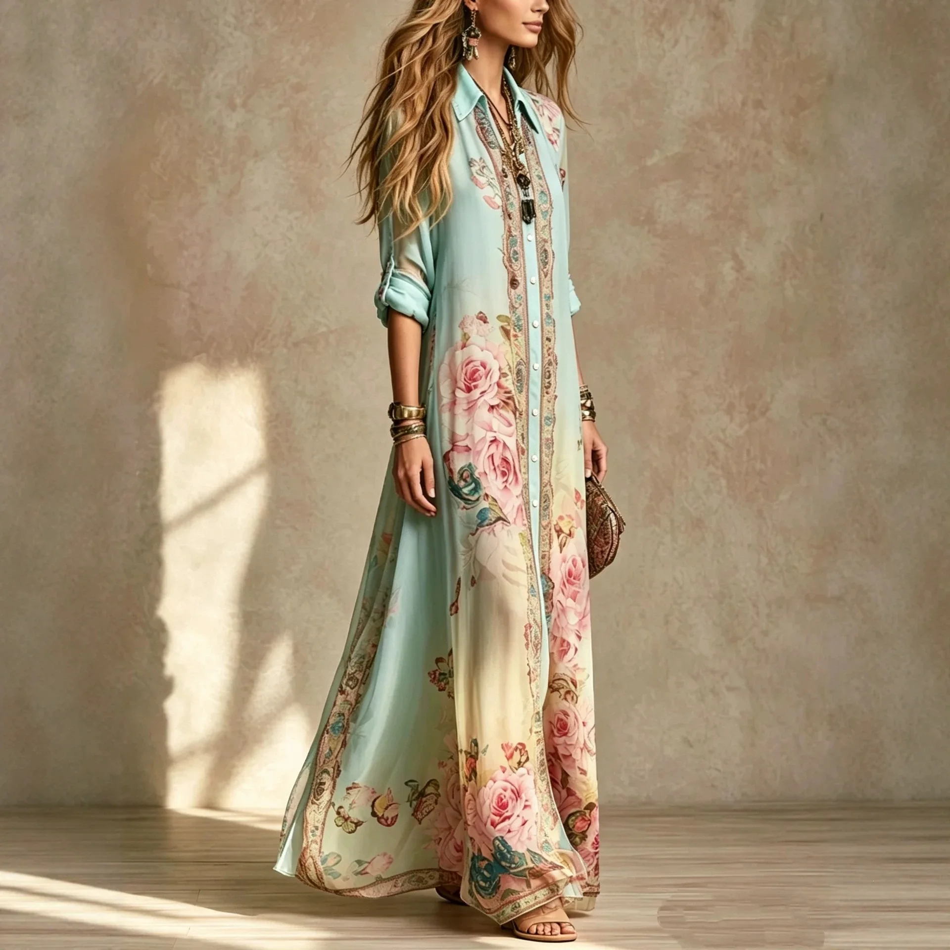 가을 보헤미안 프린트 셔츠 드레스 여성 턴다운 칼라 싱 - Boho Summer Beach Maxi Dress 리뷰 및 가격