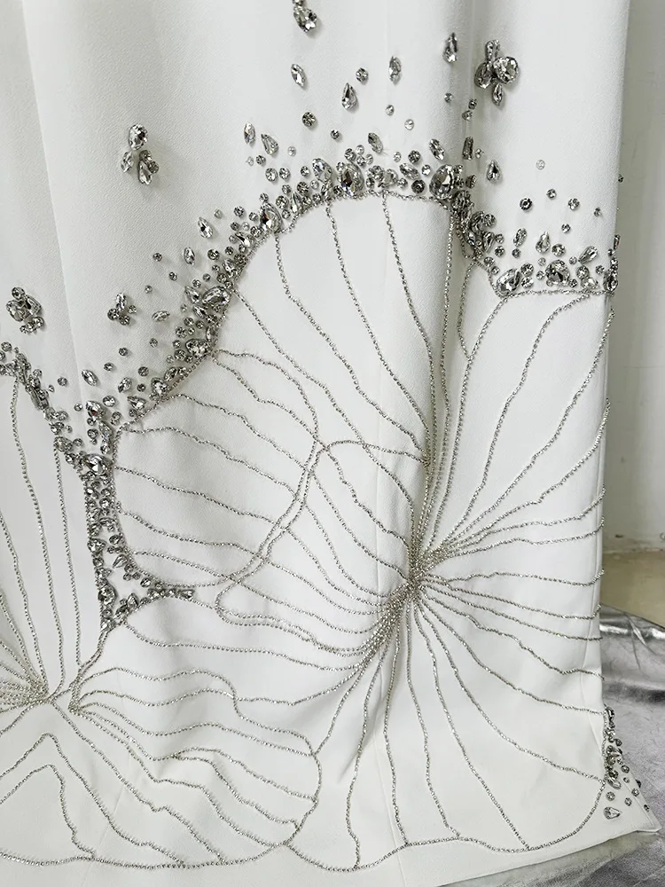 Vestido de fiesta de cumpleaños de sirena blanca de lujo, cuello alto, mangas largas, Bedas de cristal, vestidos formales de satén para fiesta y desfile, vestidos de noche