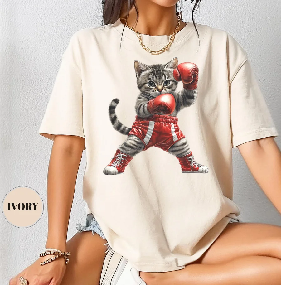 

Plus Size Women's Retro Boxing Cat T-Shirt Pure Cotton Breathable Stylish Versatile Street Style Streetwear Oversized