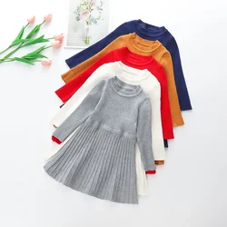 Kids Girl Knitted Dress 2024 New Children Casual Cotton Dress Spring Autumn Navy Gray Pleated Dresses Japanese Korean Style