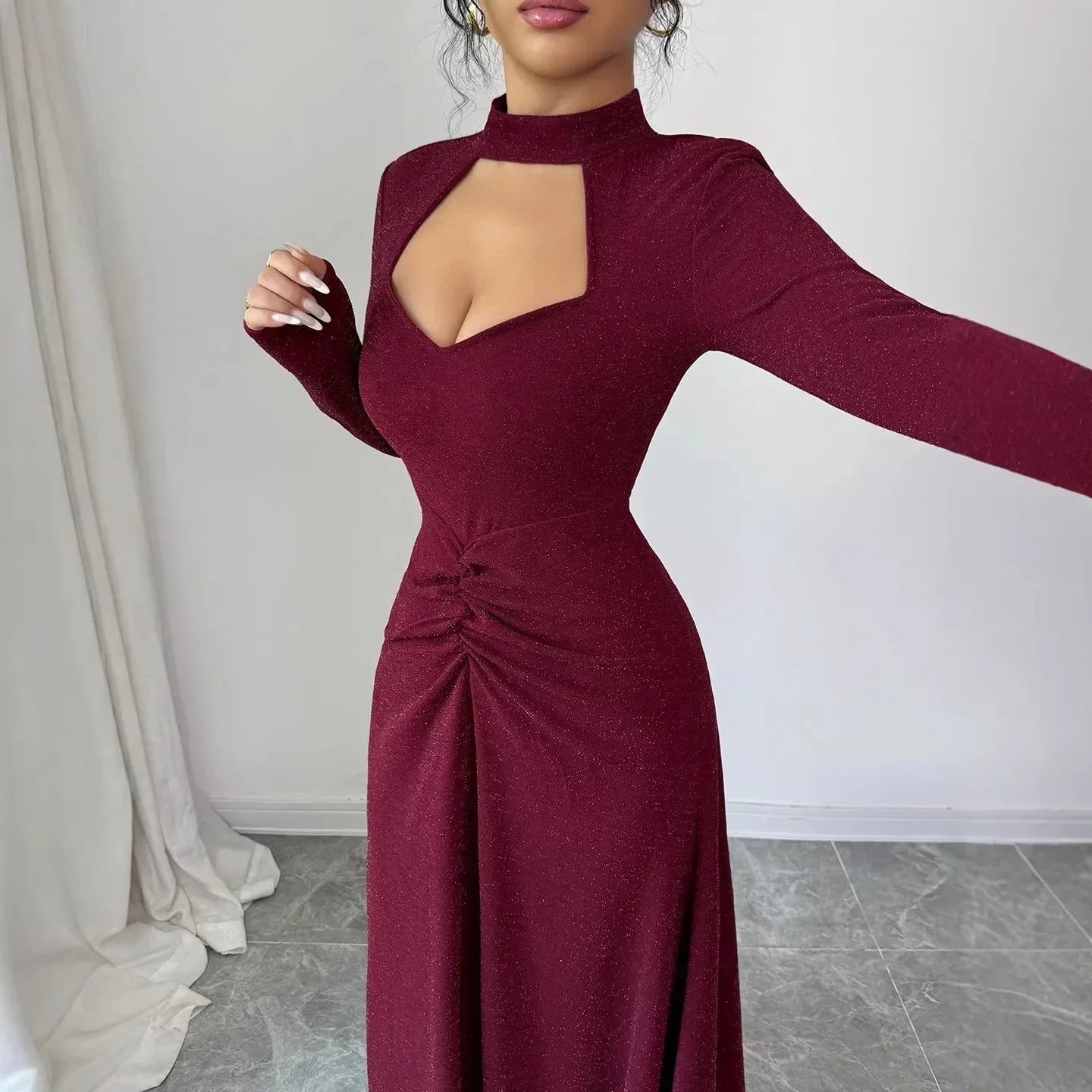 

2026 Autumn and Winter New Fashion Slim Solid Color Pleated Sexy Hottie Hip-covering Dress for Women