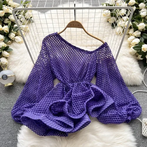 Fashion Skew Collar Mesh Blouse Slim Waist Pleated Lantern Sleeve Loose Shirts 2024 Summer New Casual All-match Pullover Top