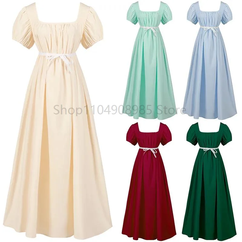 

New Women Medieval Victorian Evening Dress Retro Solid Satin Fabric High Waist A-Line Dresses Carnival Elegant Gown