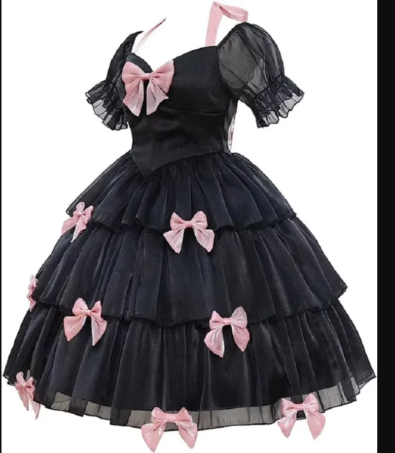 Adult Giant Baby Sexy Girl Black Thin Satin Bow Tower Layer Organza Sissy Short Sleeve Dress Customized for Servant Role Playing