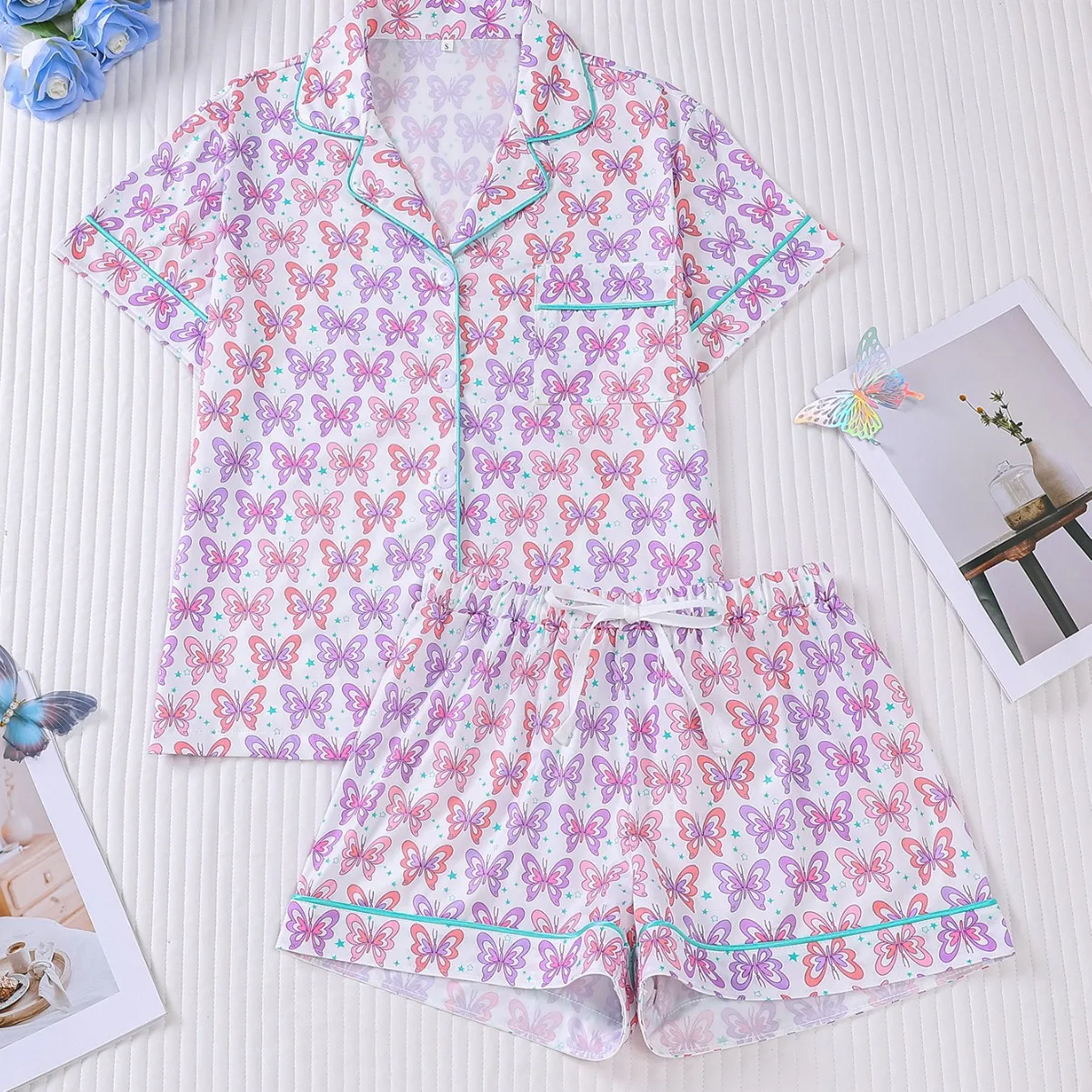 

2 шт., оптовая продажа, новые европейские и американские пижамы с воротником с принтом, удобные шорты с короткими рукавами и одинаковым воротником, комплект домашней одежды