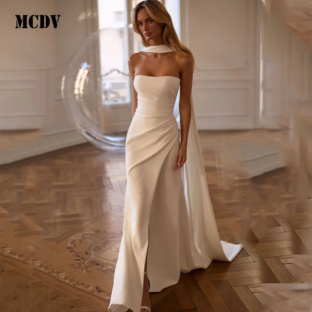 

MCDV Pleat Elegant Satin Bride Gowns Strapless Mermaid Side Split Sexy Ivory Wedding Party Dresses Sweep Train Customized