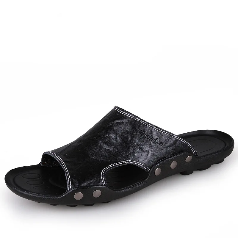 Big Size Men Slippers Summer Fashion Genuine Leather Casual Slides Street Fashion Beach Shoes Black Cow Leather Sandals