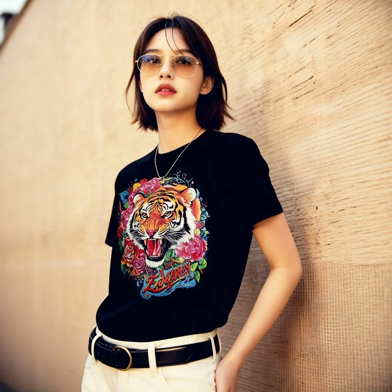 

Punk Tiger Head Print Short Sleeve T-Shirt Women's Fashion Original Design Crinkle Cloth 2025 Trendy European And American Style