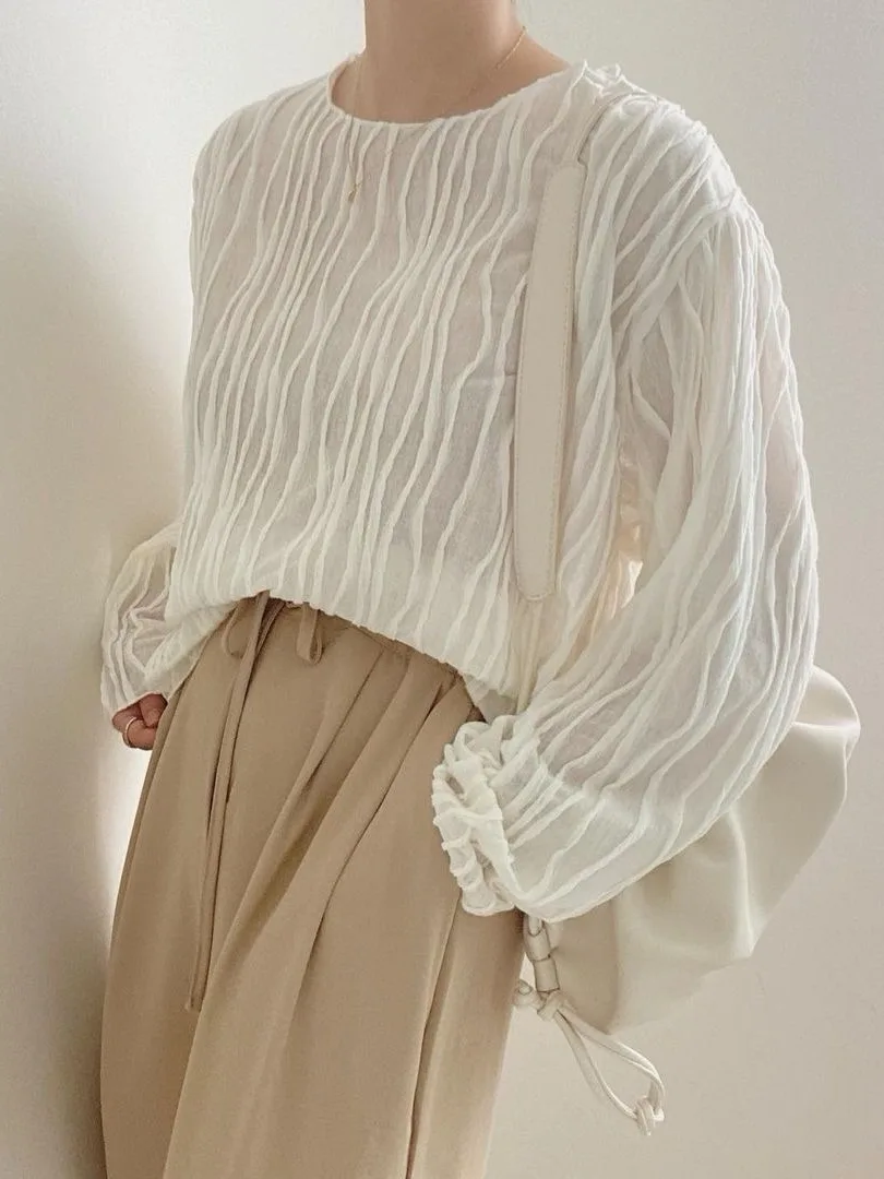 Elegant round Neck Long Sleeve Loose Women's Shirt Micro Transparent Textured Design Versatile Casual Fashion Spring Autumn