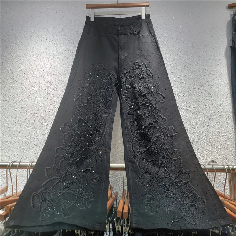 High Quality Shiny Hot Diamonds Embroidery Hollow Out Long Denim Trousers New Spring Summer Women Wide Leg Jeans Straight Pants