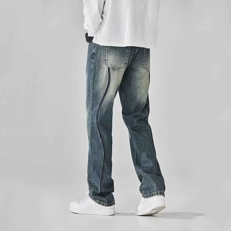 Jeans estivi Vintage stile americano High Street da uomo cerniere tascabili tendenza invecchiata pantaloni in Denim a gamba larga dritti versatili