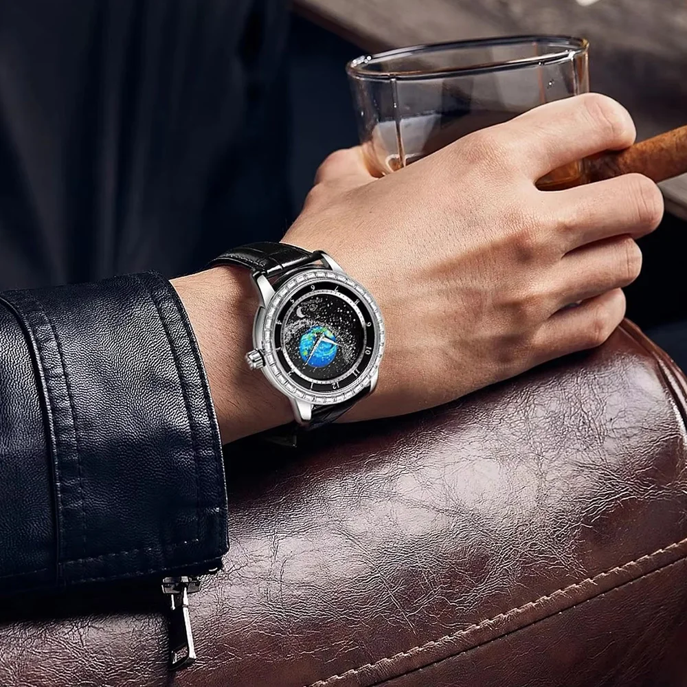 FORSINING Luxury Mens Automatic Mechanical Watch,Earth Star Moon Starry Milky Way Rhinestone Dial Leather Strap,3ATM Waterproof