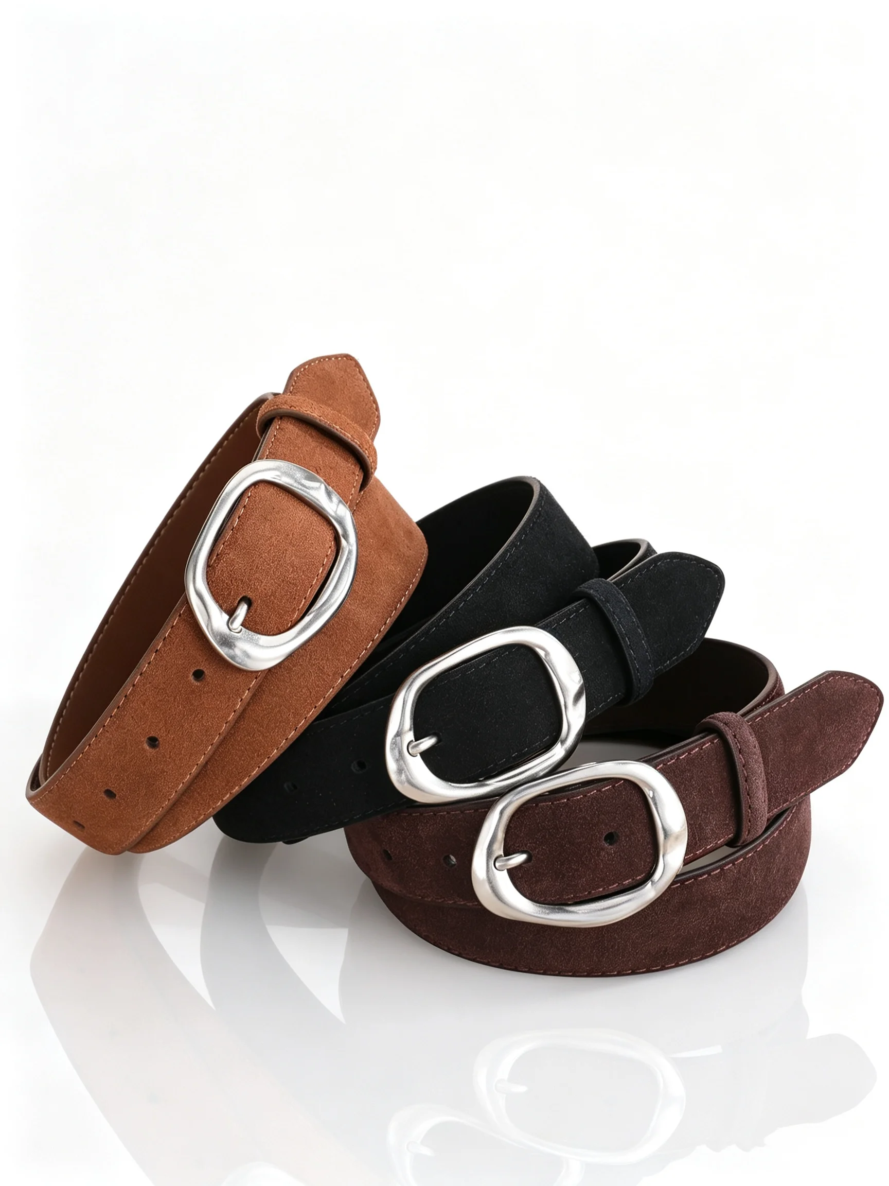 Neuer luxuriöser Wildleder-Rindsledergürtel für Damen im Vintage-Stil mit silberner Metallschnalle, 3,3 cm breiter Bund für Kleider und Jeans – Detail 2