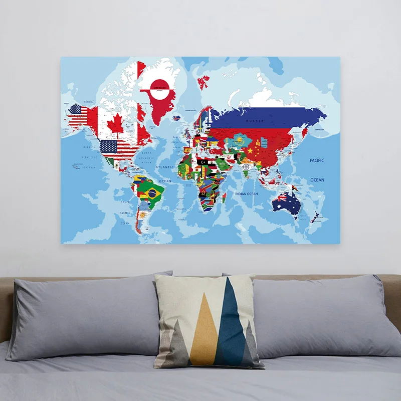 Mapa del mundo de 225x150cm, pintura en lienzo no tejido, imagen creativa, pared, hogar, oficina, suministros escolares, póster decorativo