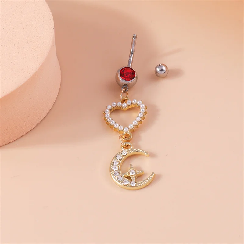 Skeletonized Love Moon Belly Button Stud Belly Piercing Pearl Fashion Belly Button Ring