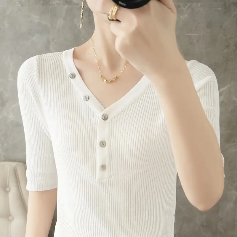 Half Sleeve V-Neck Spring Summer Solid Color Button Sweater Knitted Pullover Women's Clothing Casual Elegant Screw Thread Tops