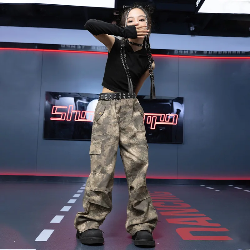 طفل الهيب هوب الملابس قلنسوة سوداء المحاصيل تانك الأعلى مع الأكمام التمويه السراويل البضائع غير رسمية لفتاة الجاز أزياء رقص الملابس