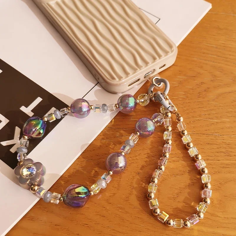 Short Flower Wrist Rope Mobile Phone Double Chain Anti Lose Rope Colorful Crystal Ball Round Bead Lanyard Phone Charms Strap