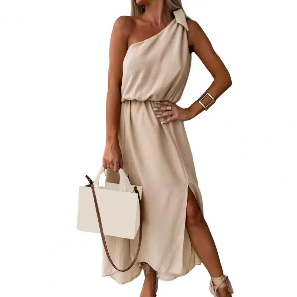 

Summer Women Dress Lace-up One Shoulder Sleeveless Long Dress Solid Color Slant Neck Tight Waist Split Hem Vacation Midi Dress