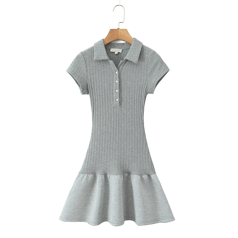 Women American Knitted Patchwork Tennis Mini Dress Short Sleeve Turn-down Lady Gray Slim Autumn Dresses