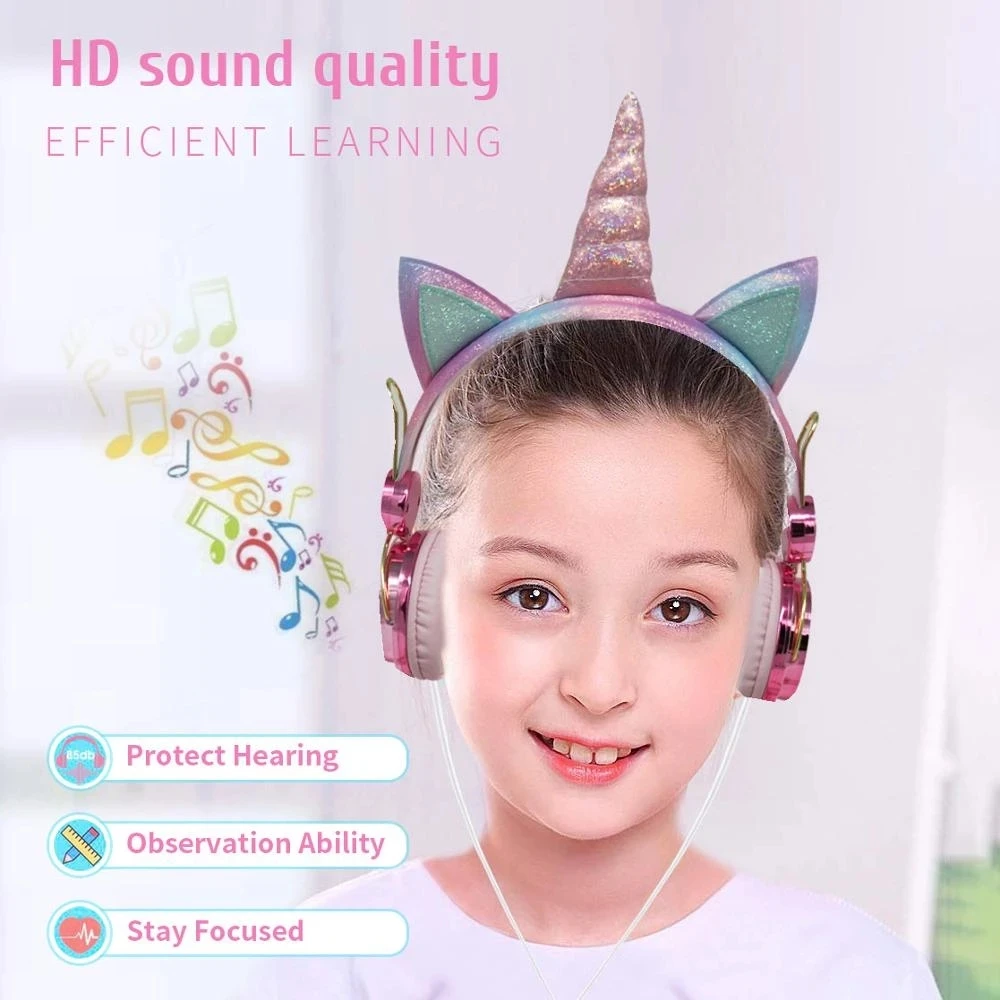 Unicorn Kid Wired Headphones Cute Bluetooth Headset with Noise Reduction Microphone Adjustable Headband Casco Kids Birthday Gift