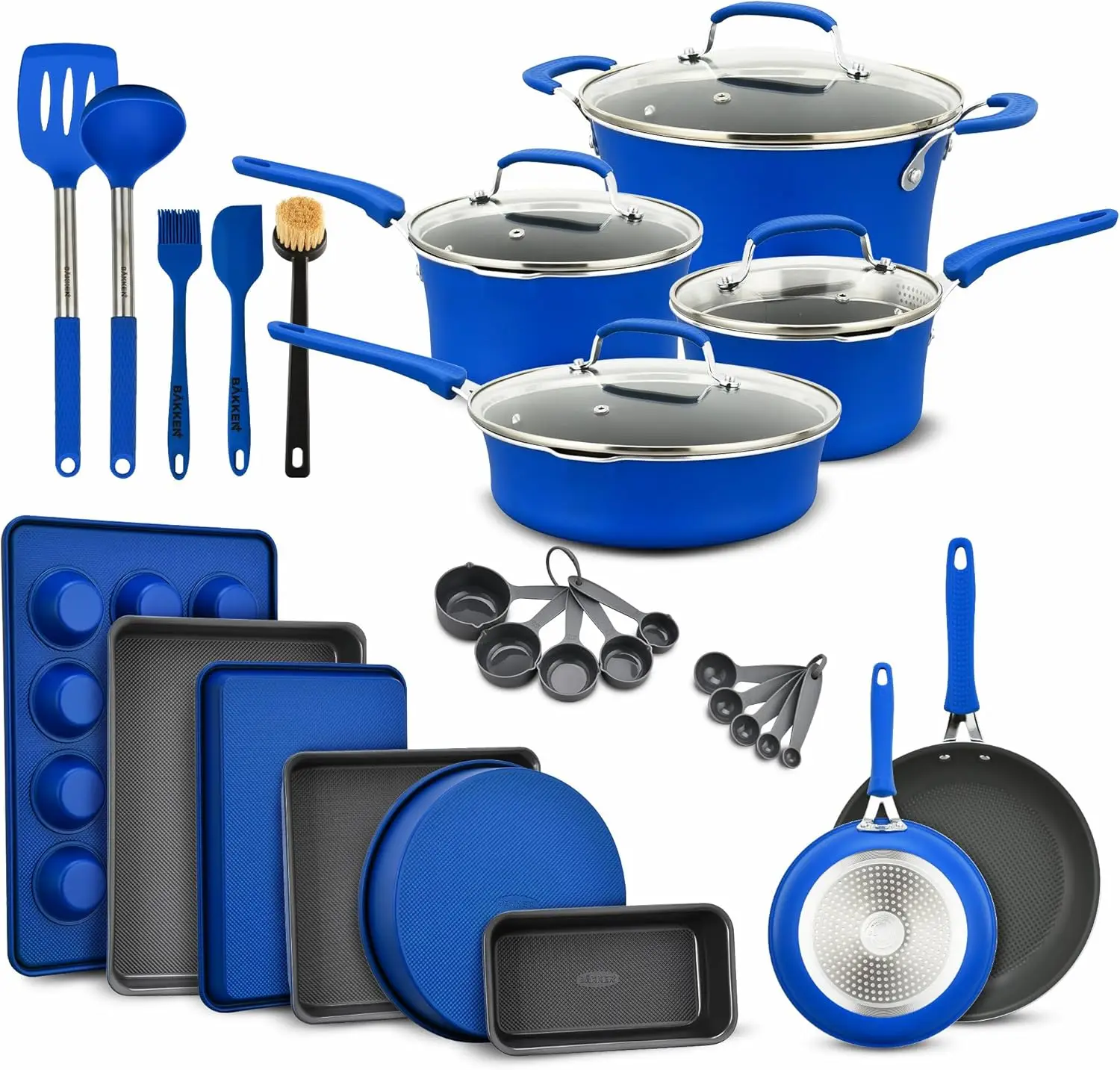 

Cookware Set 23 Piece Blue Multi-Sized Cooking Pots with Lids Skillet Fry Pans Bakeware Reinforced Pressed Aluminum Metal