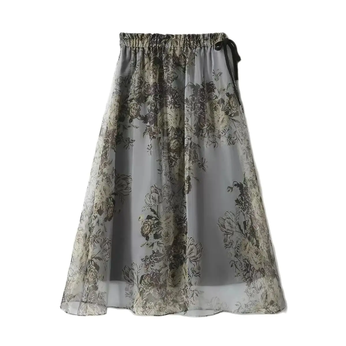 BirdTree, 100%Mulberry Silk Elegant Skirt, Women Flower Printed, Romantic French Commute A-Line Skirt, 2024 Summer New B43664QC