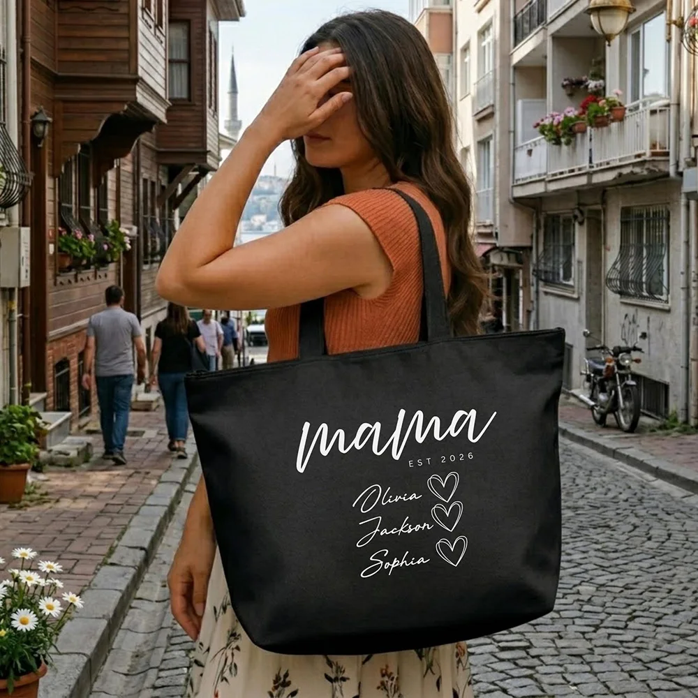 Eco Friendly Canvas Tote Bag Personalized Children Names Custom Mom Name Handbag For Mom Birthday Mothers Day Gift