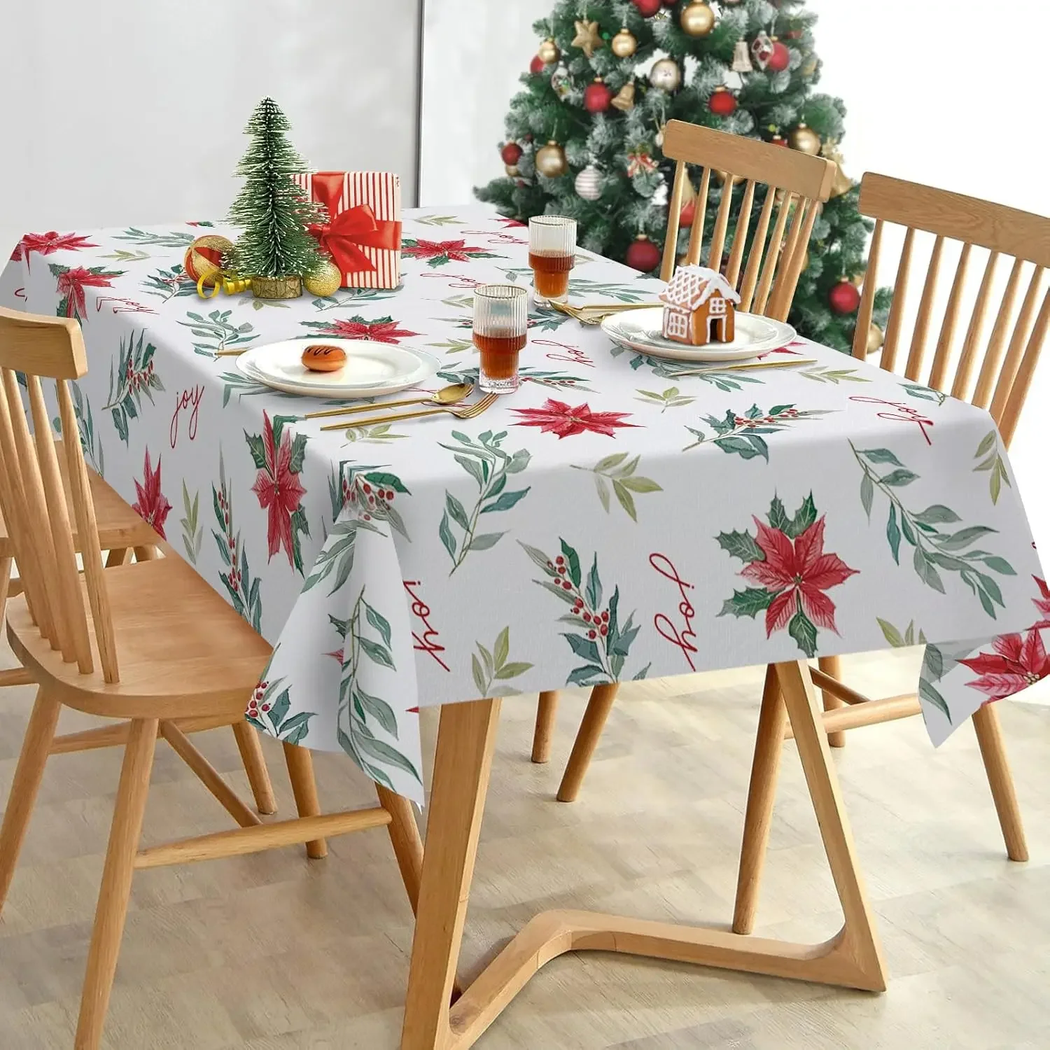 Christmas Poinsettia Joy Berries Tablecloth for Table Decor Washable Winter Xmas Kitchen Dining Tablecloth Christmas Decoration