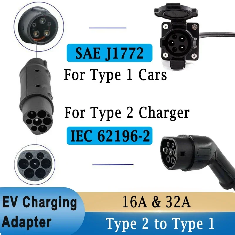 32A EV Charger Converter Type 2 to 1 for Electric Car with J1772 Type 1 Socket to 2 IEC 62196 EV Charging Station