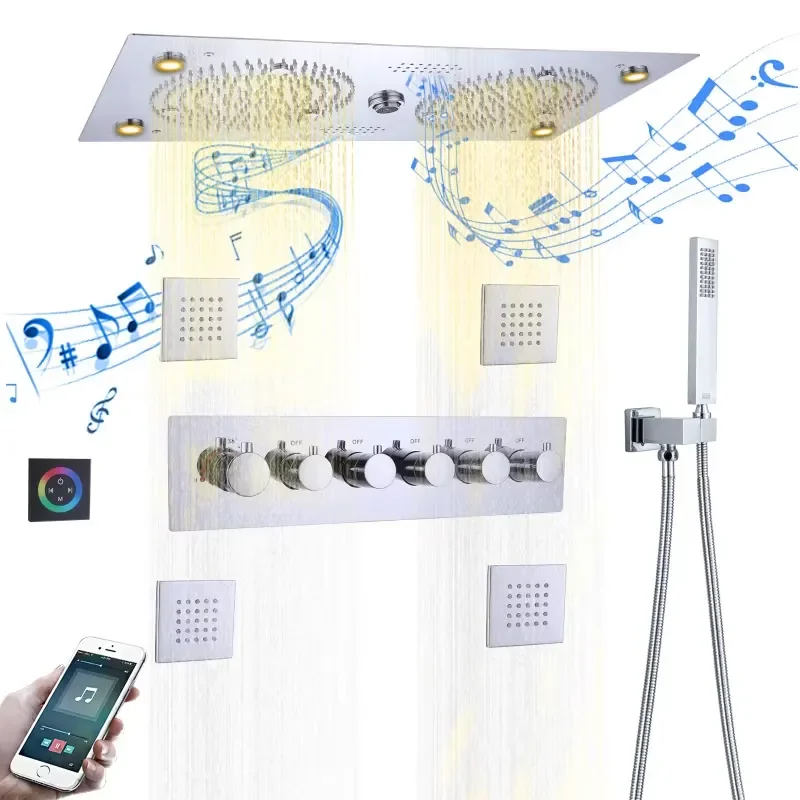 Smart Remote Control Thermostatic Shower System with LED Music and 4 Body Jets Ceiling Rain Mixer Set for Bathroom