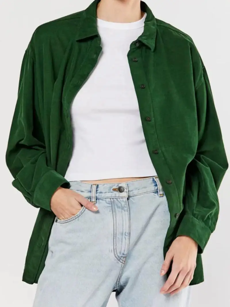 

Spring Autumn Lazy Style Small Audience Large Shape Loose Draped Light Green Women's Shirt Retro Style Long Sleeve White Enha...