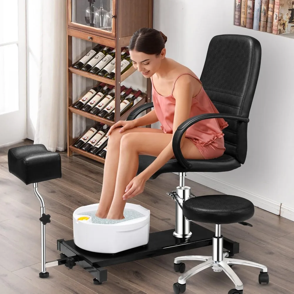 Chaise de pédicure noire avec tabouret et bain de pieds à bulles, chaise Pedi hydraulique pour module d'ongle, station de salon de spa de beauté