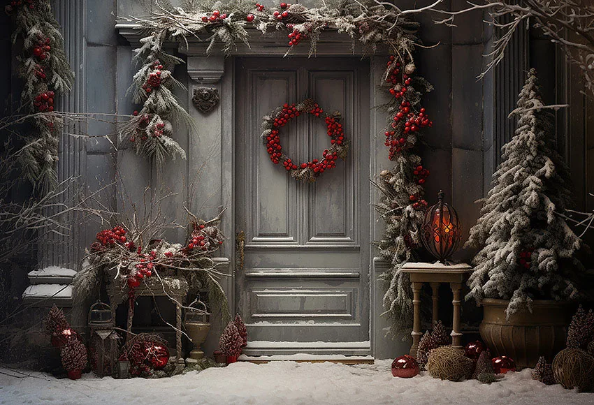 Mehofond-Fondo de Fotografía de Invierno para niños, decoración de retrato familiar, Retro, arco, puerta, nieve, árbol de Navidad, estudio fotográfico