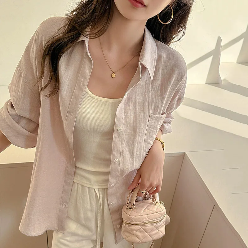 

Spring Summer Cotton Linen Shirts Women Casual Long Sleeves Thin Sunscreen Shirt Woman High Quality Solid Loose Chiffon Blouses