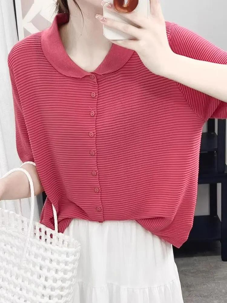 

Ele Doll Collar ort Sve Knitted Cardigan Pink Striped Button up T-irt Korean Sle Loose Fit Commute Faion