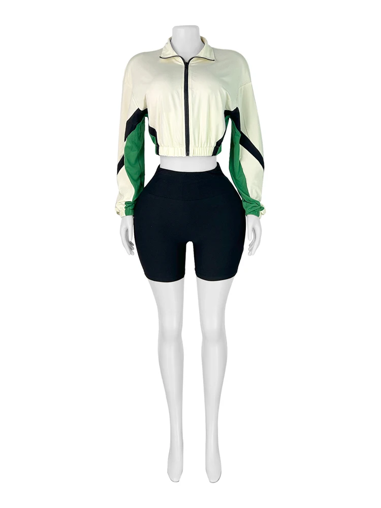 Herbst Damen Zweiteiler Set: Farbblock Crop-Zip-Jacke und Biker-Shorts mit Stehkragen und elastischem Saum, Streetwear Sportlich Lässiger Trainingsanzug – Detail 5