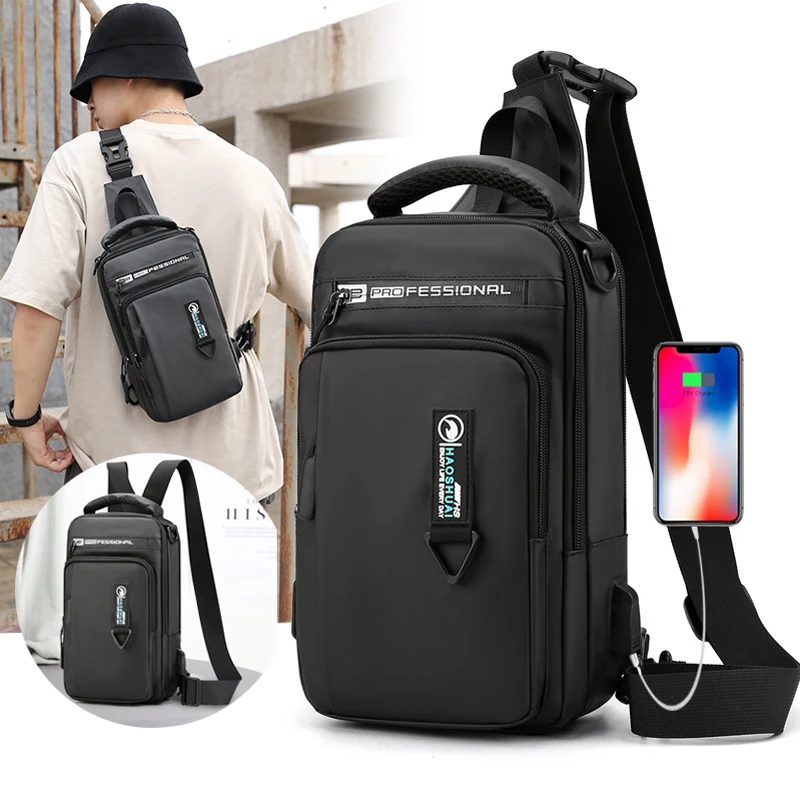 Men Nylon Mini Backpack Shoulder Chest Bag Pack with Charging USB Interface Travel Male Sling Side Messenger Cross Body Bags